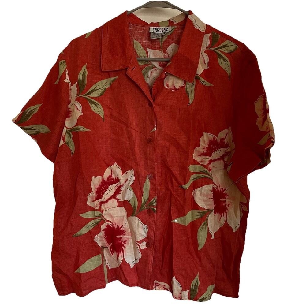 Style & Co button up shirt size 18 Red Foral Hawaii 100% linen Short Sleeves